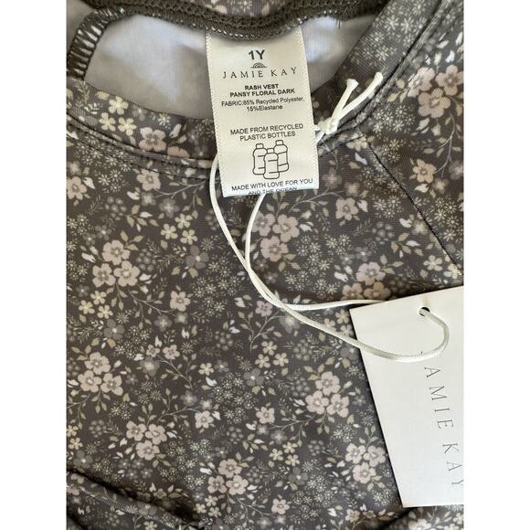 NWT Jamie Kay Pansy Floral Dark Two Piece Swimsuit & Rashguard Sz 1YR - Picture 3 of 3